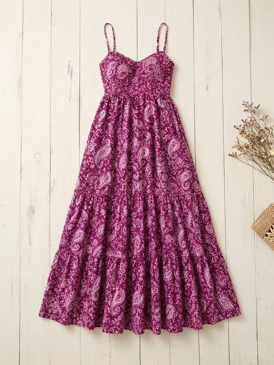 Ragini dress laid flat on white wooden boards, showing the cream paisley print and the three gathered tiers
