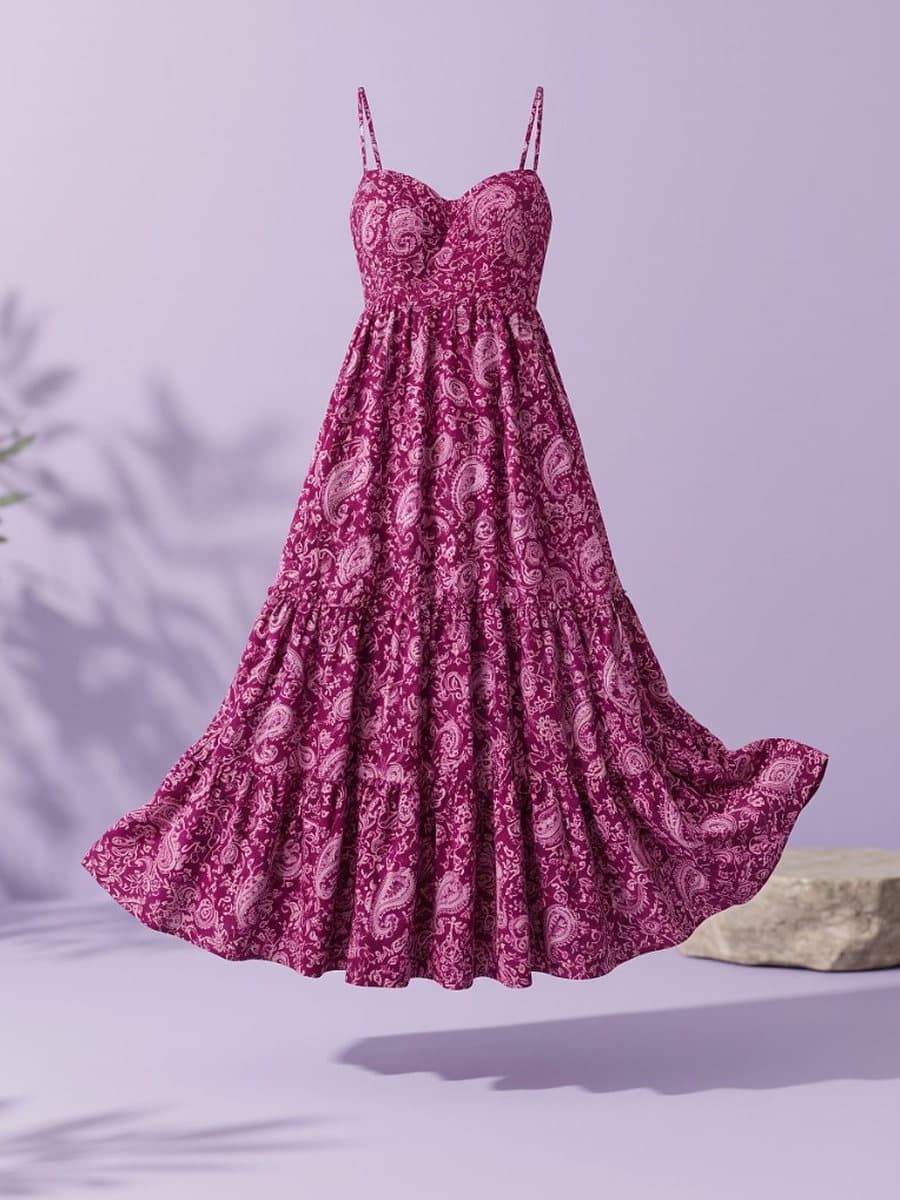 Ragini dress shown on its own against a lilac backdrop, straps and tiers in full view