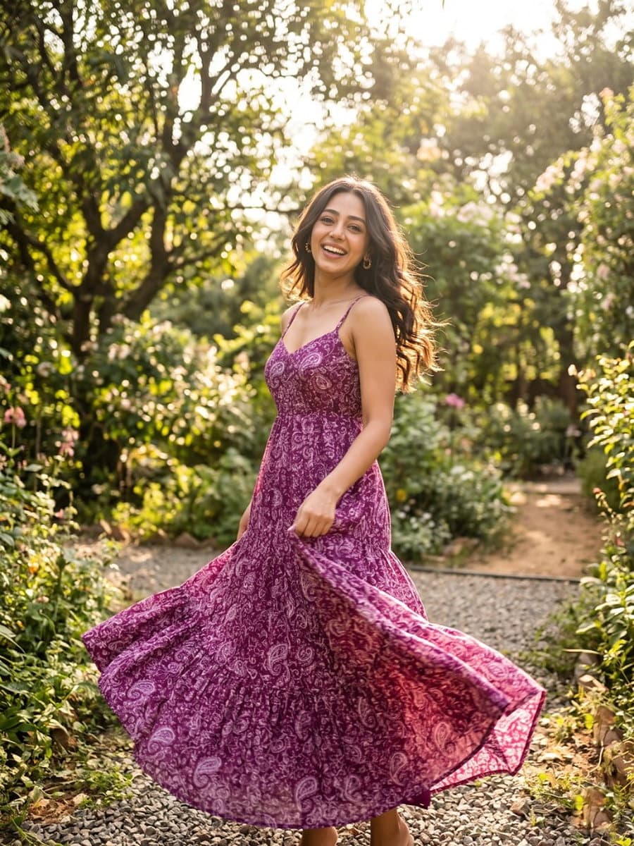 Ragini dress mid-twirl in a garden, the tiered skirt flaring out