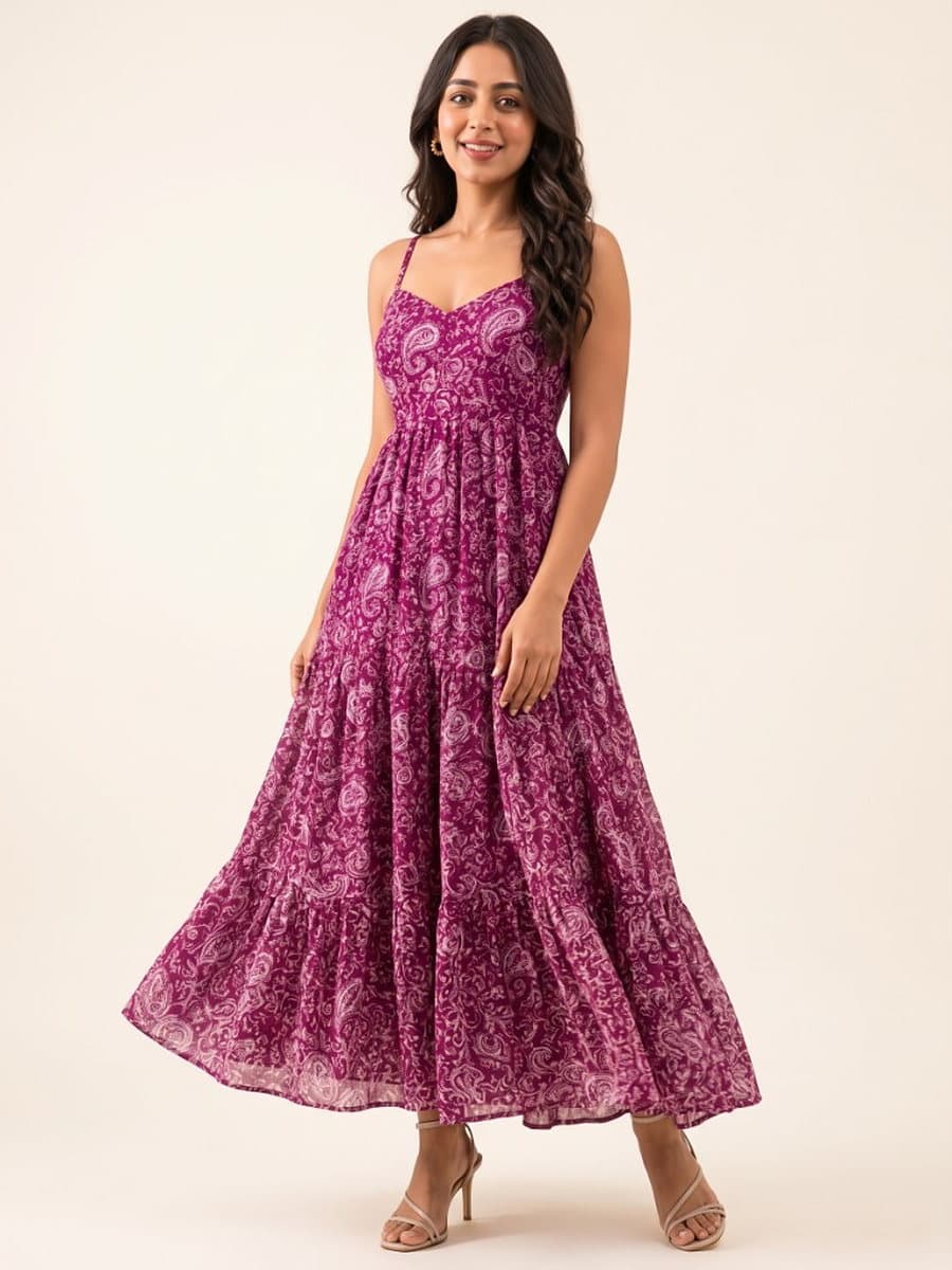 Ragini magenta paisley-print tiered cotton maxi dress, worn front-on