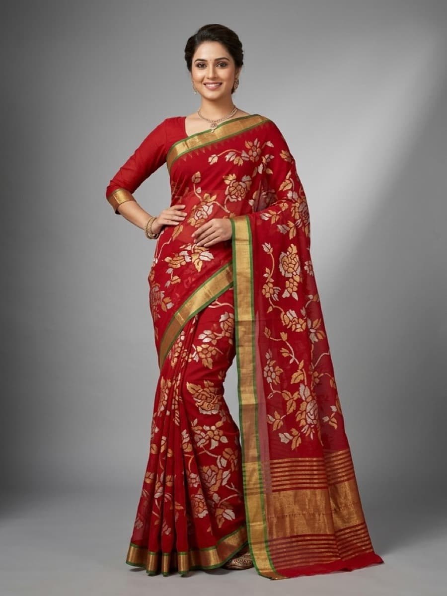Raktashri crimson Jamdani saree, three-quarter angle showing sheer muslin and zari