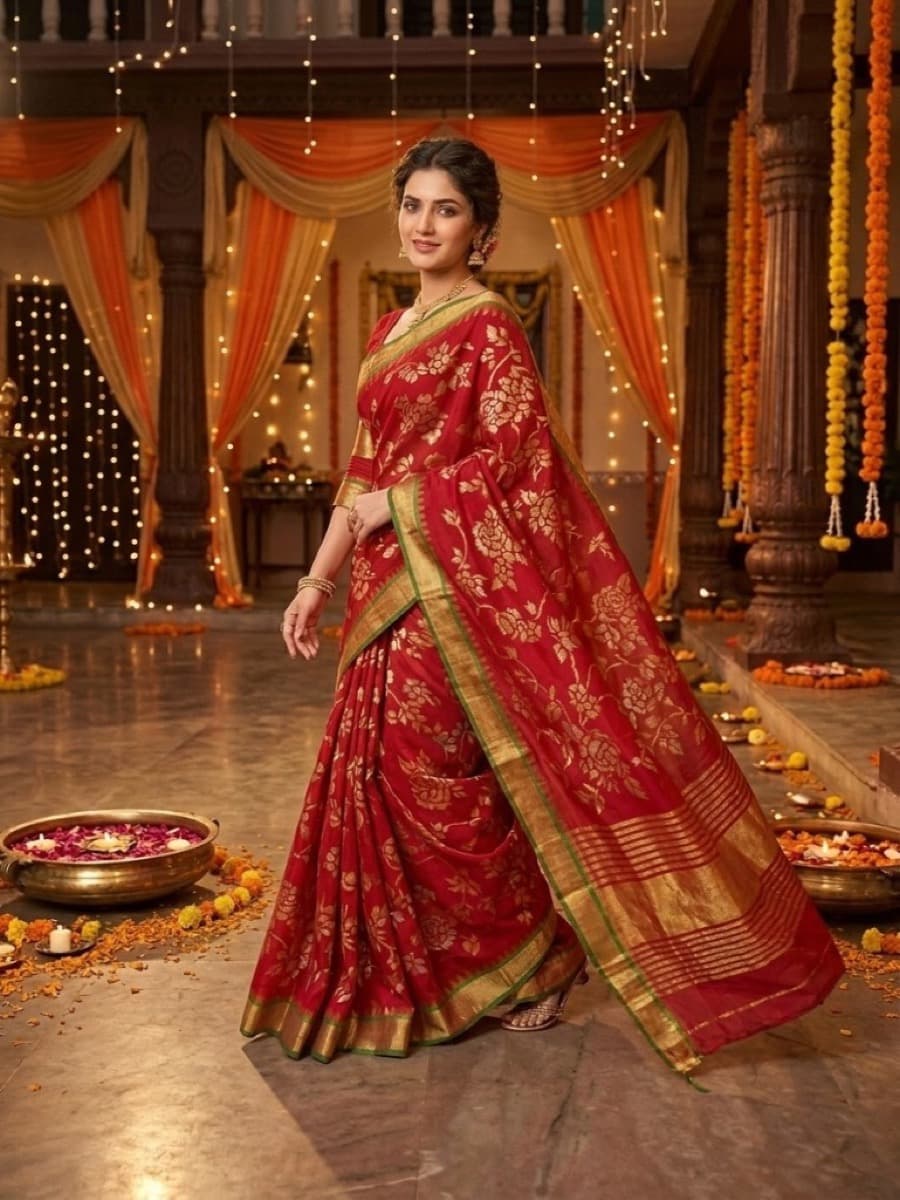 Raktashri crimson Jamdani saree in a marigold-lit festive courtyard