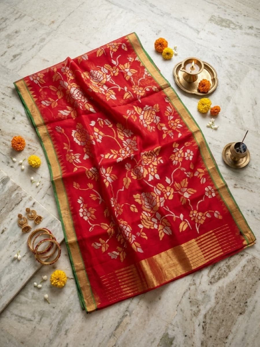 Raktashri crimson Jamdani saree flat lay with gold jhumkas, marigolds and a lit diya