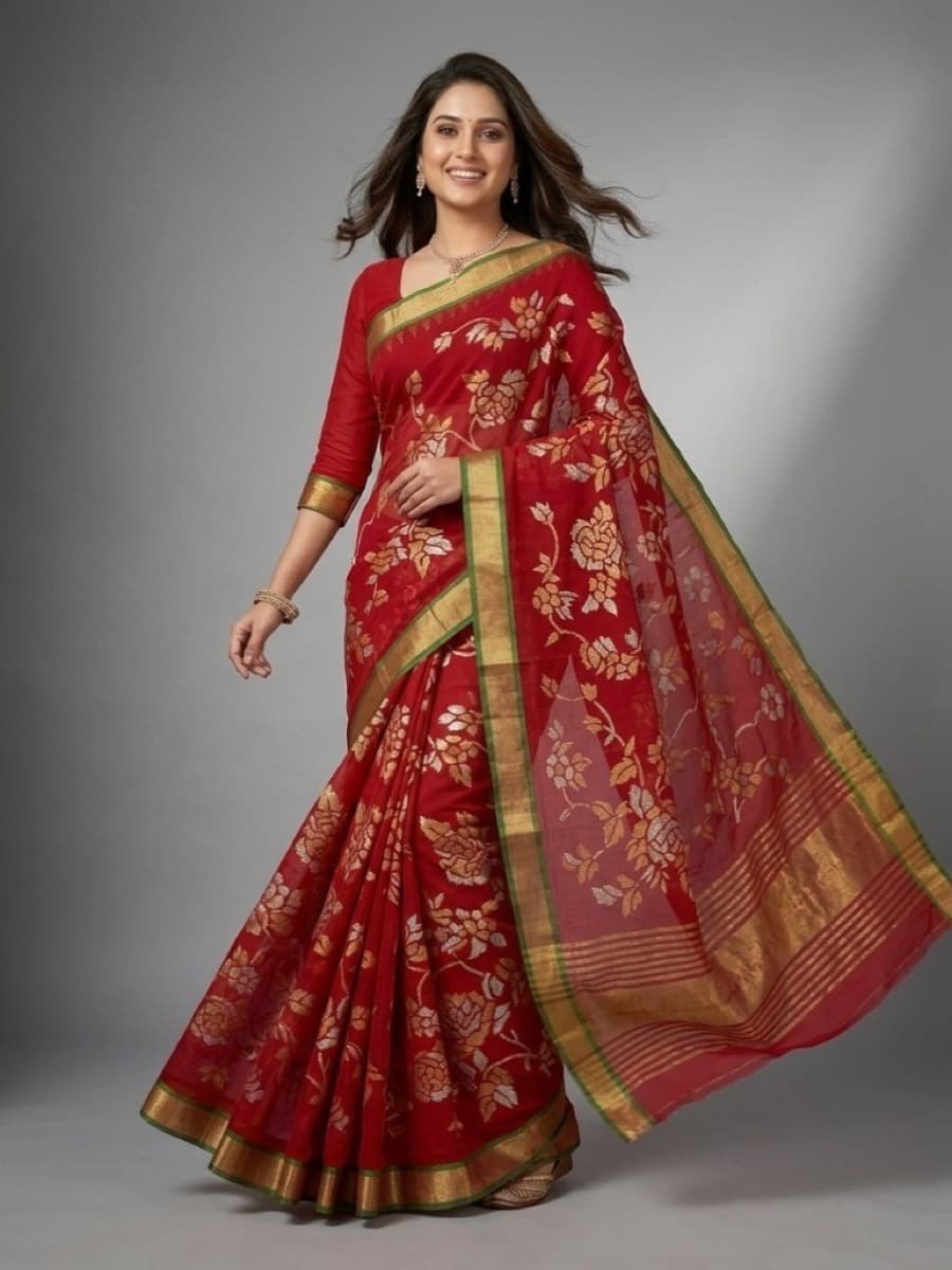 Raktashri crimson Jamdani saree, full front view with forest-green edged gold border