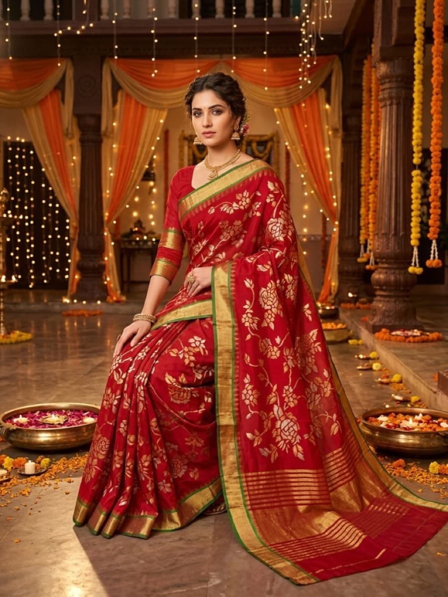 Raktashri crimson Jamdani saree, seated festive drape with brass urulis and fairy lights