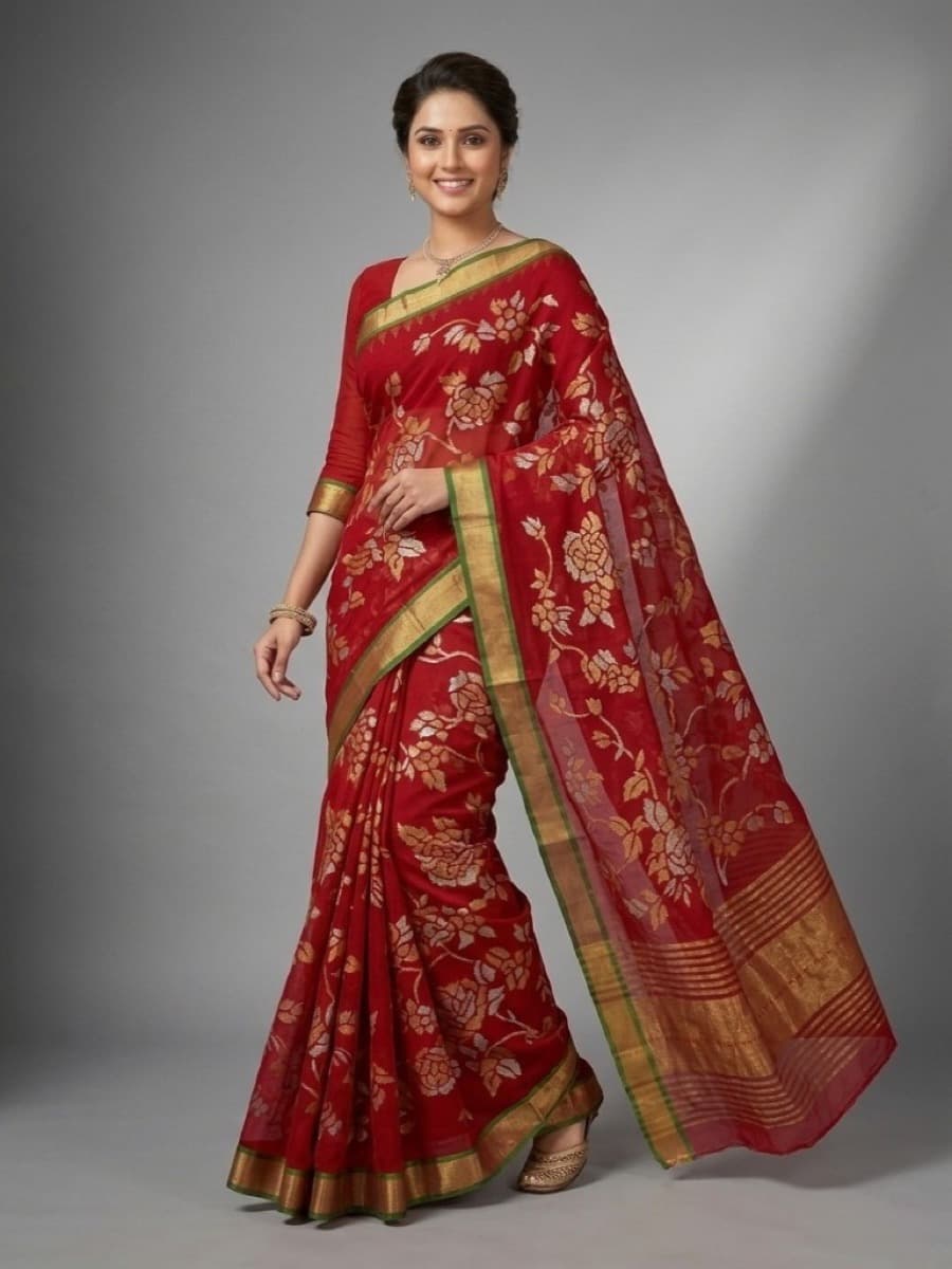 Raktashri crimson Jamdani saree, side profile with gold-striped pallu