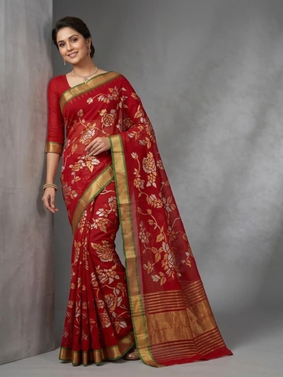 Raktashri crimson Jamdani saree on model — gold and silver rose jaal, studio pillar