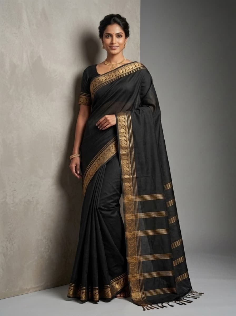 Shyamala black saree on model leaning against studio wall