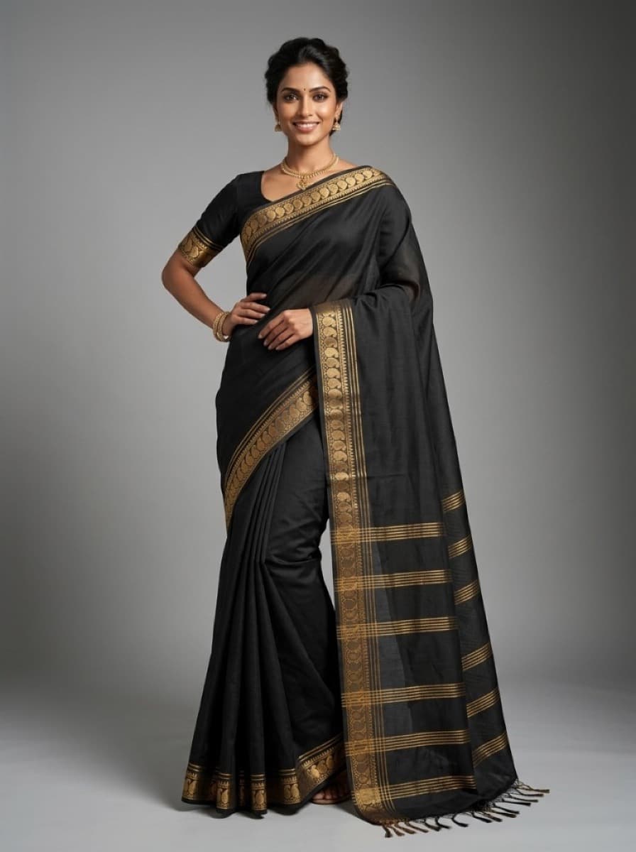 Shyamala black saree on model, hand-on-hip full drape