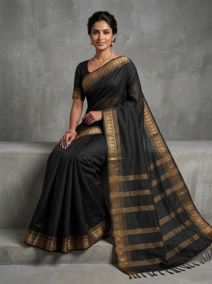 Shyamala black saree on model seated, showing striped gold pallu
