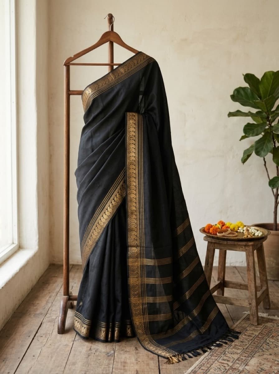 Shyamala black Mangalagiri cotton saree on wooden stand with gold peacock border