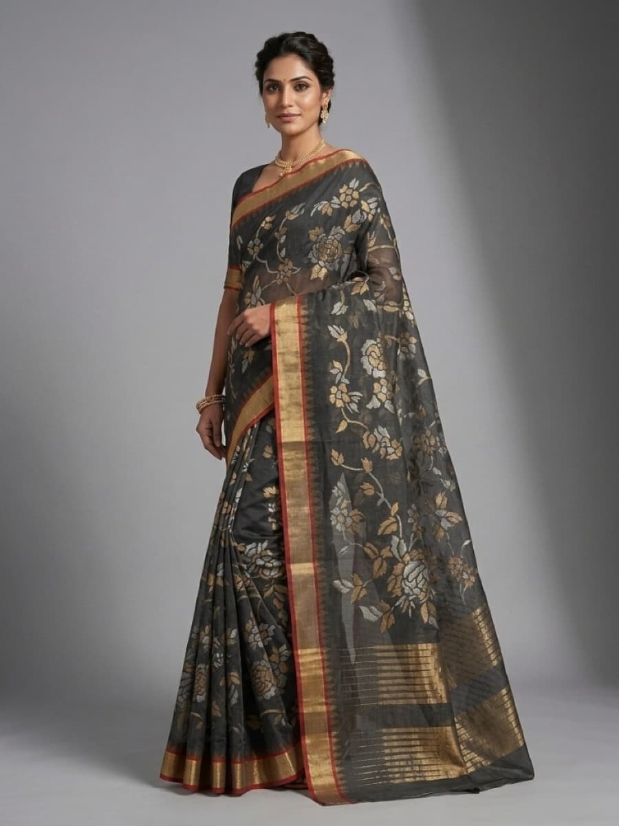 Swarnalata charcoal Jamdani saree, three-quarter angle showing sheer muslin and zari