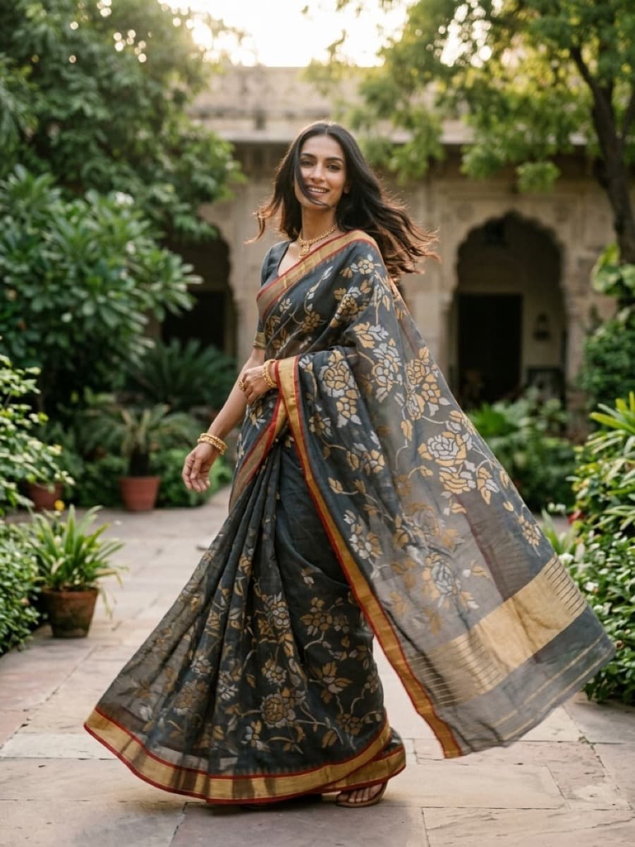 Swarnalata charcoal Jamdani saree, close portrait showing rose butis and temple border