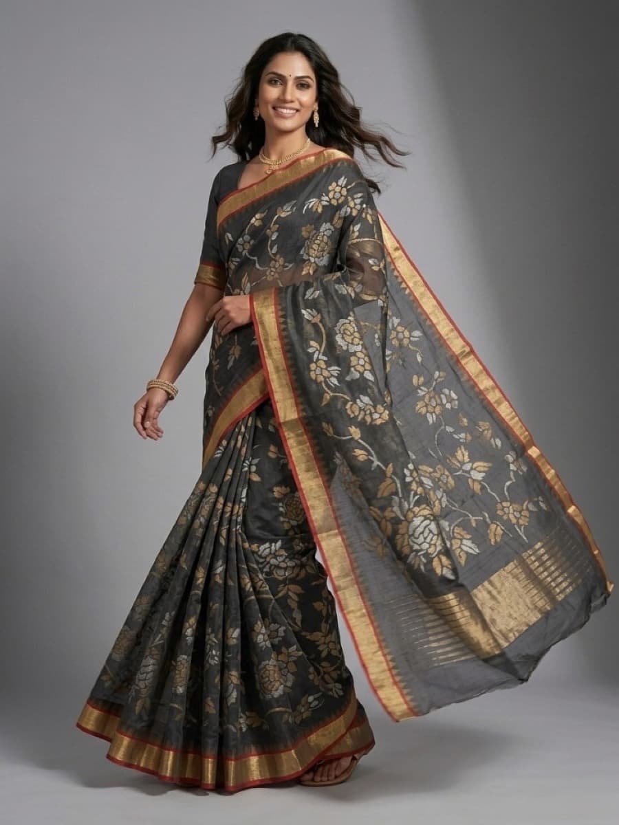 Swarnalata charcoal Jamdani saree with pallu flared to show floral jaal density