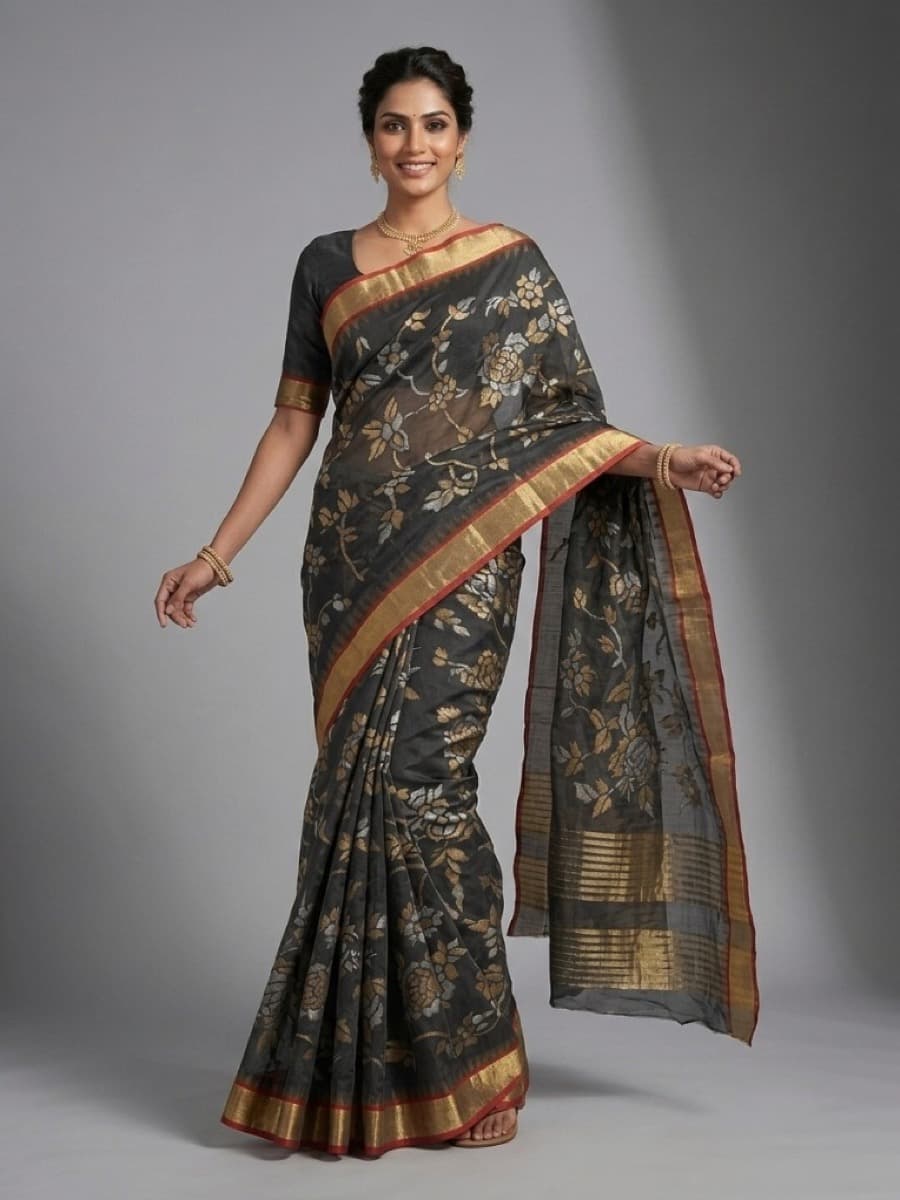 Swarnalata charcoal Jamdani saree, full front view with crimson-edged gold border