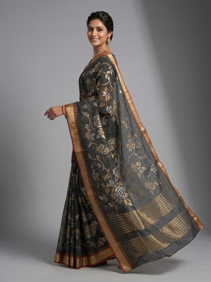 Swarnalata charcoal Jamdani saree, looking back over the shoulder