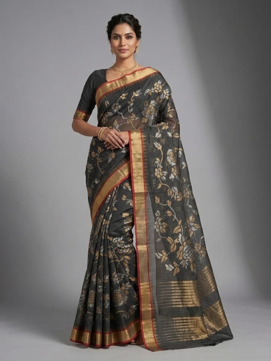 Swarnalata charcoal Jamdani saree mid-stride in a heritage courtyard
