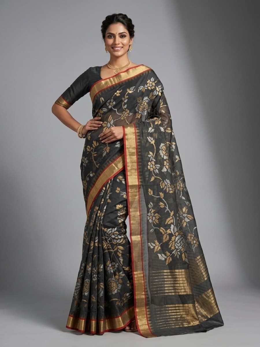 Swarnalata charcoal Jamdani saree on model — gold and silver rose jaal, studio