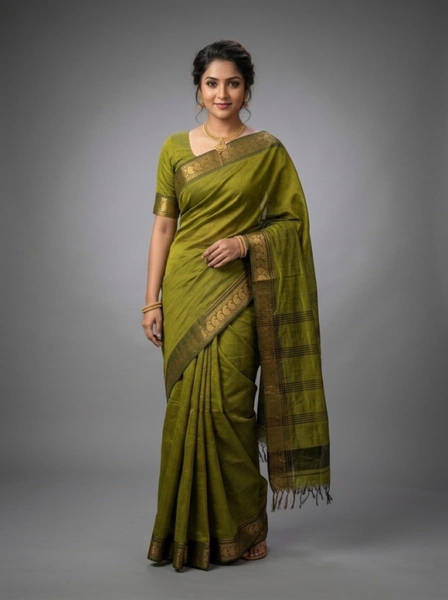 Tarini fern saree on model three-quarter studio pose
