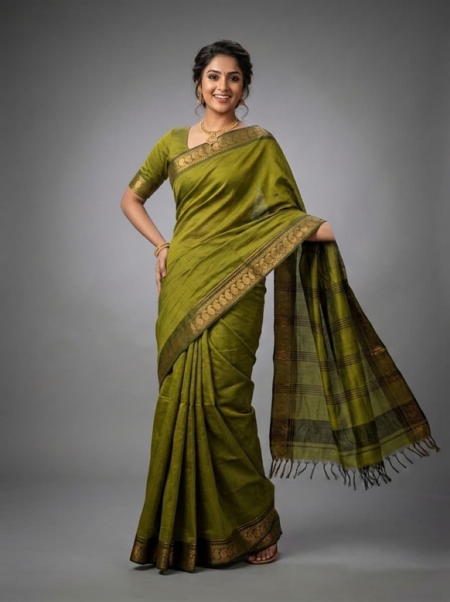 Tarini fern-olive Mangalagiri cotton saree on model in studio, gold peacock border