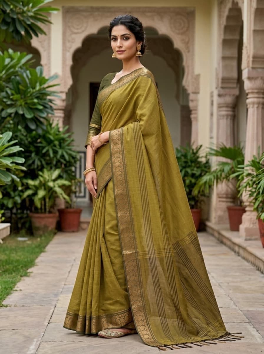 Vanaja mehendi saree on model three-quarter courtyard pose