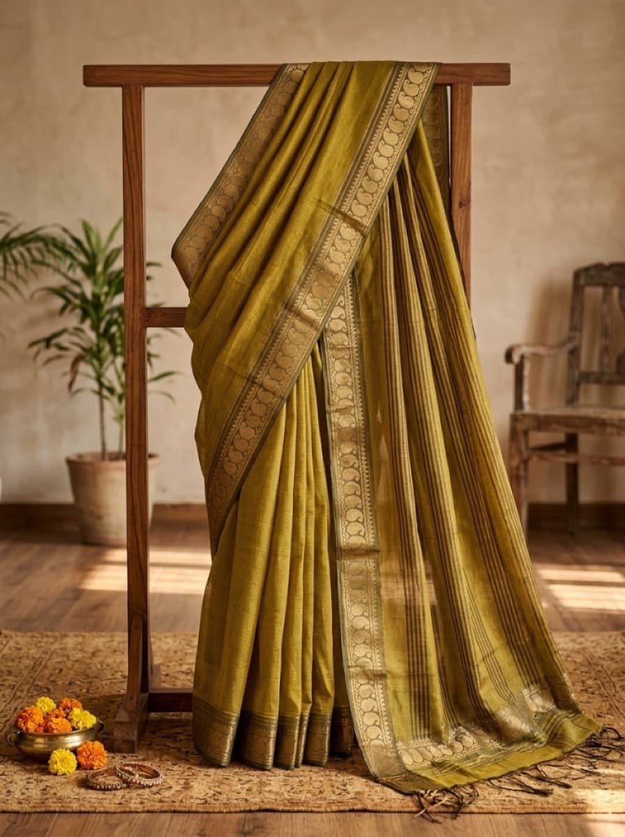 Vanaja mehendi saree draped on wooden stand showing gold border and fringe