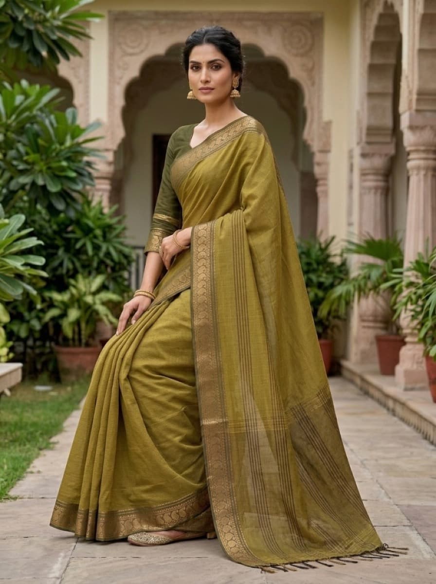 Vanaja mehendi Mangalagiri cotton saree on model, gold peacock border, courtyard front