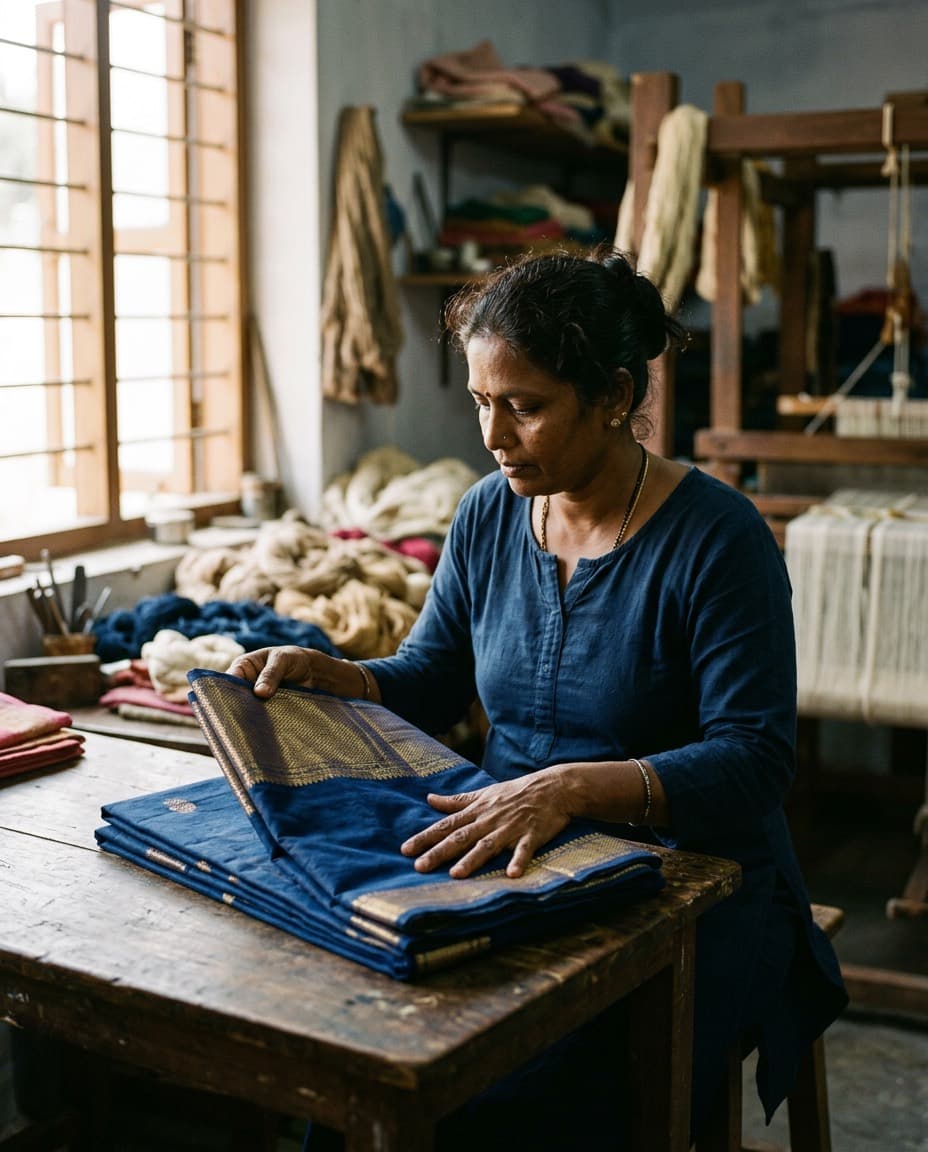 Folded handloom cotton saree being inspected on a wooden table